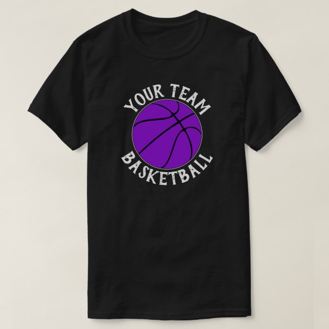 Lila Basketball Team Spielername und Jersey-Nummer T-Shirt (Design vorne)
