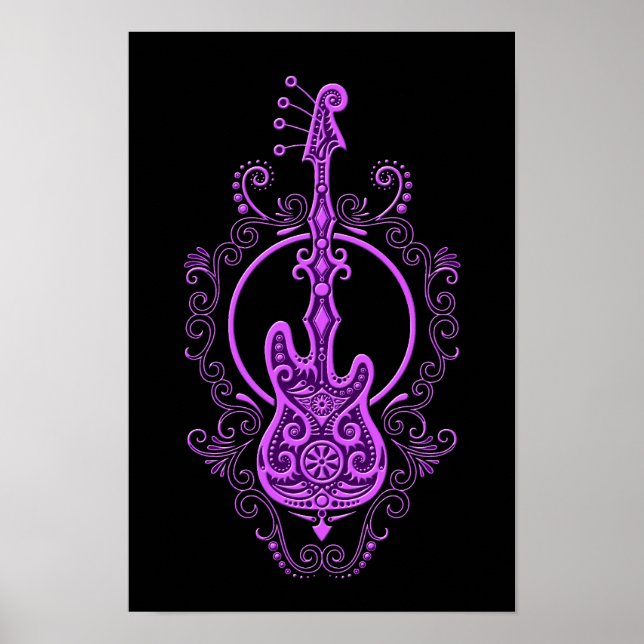 Lila Bass Gitarrendesign auf schwarz Poster (Vorne)