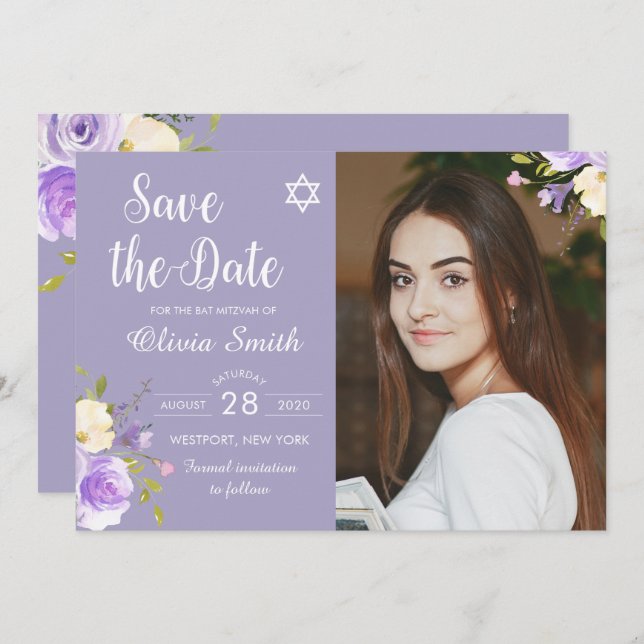 Lila Bat Mitzvah Foto Save the Date (Vorne/Hinten)