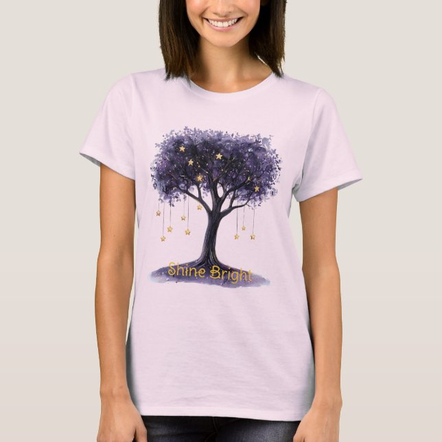Lila Baum Goldene Sterne Scheinen Hell T-Shirt (Vorderseite)