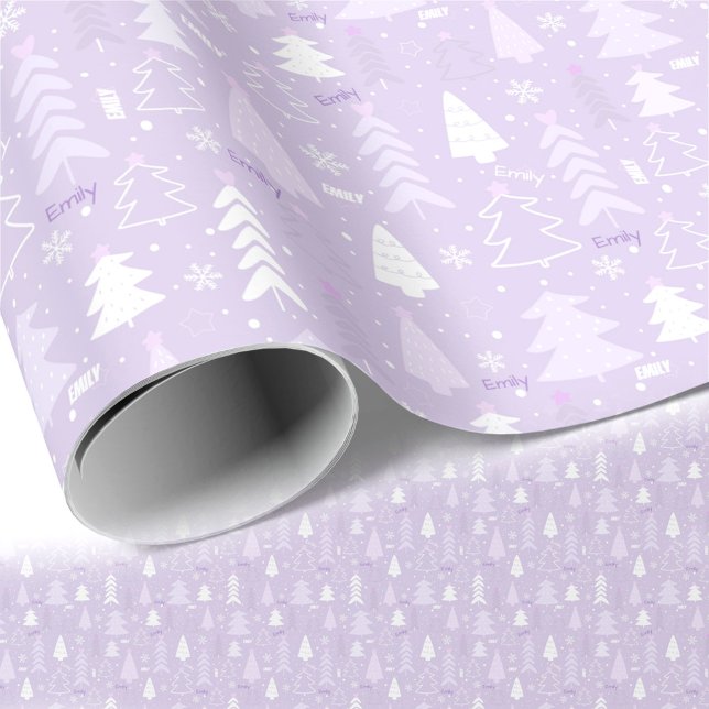 Lila Bäume Wintername Weihnachtswrapping Papier Geschenkpapier (Purple Trees Winter Name Christmas Wrapping Paper)