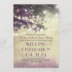 Lila Baumleuchten & Vögel zum Hochzeitsempfang Einladung