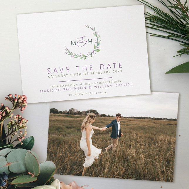 Lila Beeren Grüne Blätter Monogramm Foto Hochzeit Save The Date (Von Creator hochgeladen)