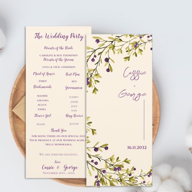 Lila Beeren- und Grünpflanzen-Hochzeitsprogrammkar Einladung (Purple Berry & Greenery Wedding Program Card)