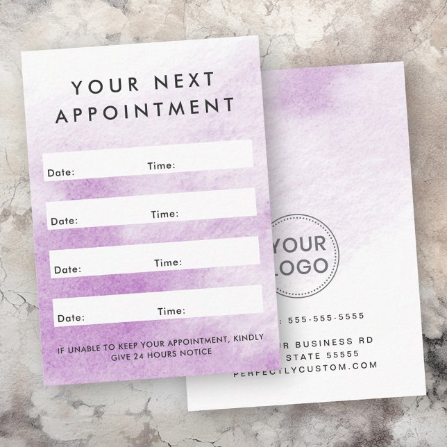 Lila, benutzerdefiniertes Logo Terminkarte (Purple watercolor custom logo vertical appointment card)