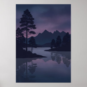 Lila Bergsee-Kiefer-Silhouette in der Dämmerung Poster