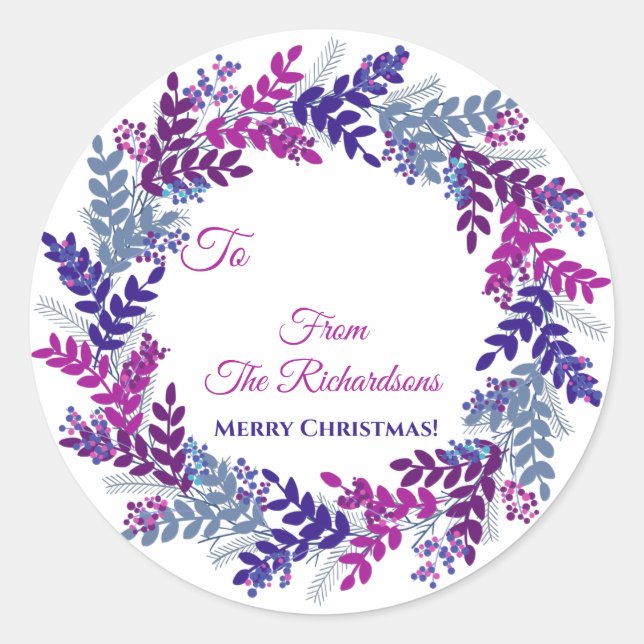 Lila Berry Wreath Name Weihnachtsgeschenksticker Runder Aufkleber (Vorderseite)