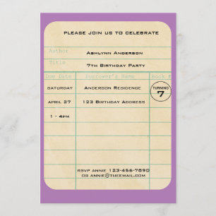 Lila Bibliothekskarte Geburtstag Einladung