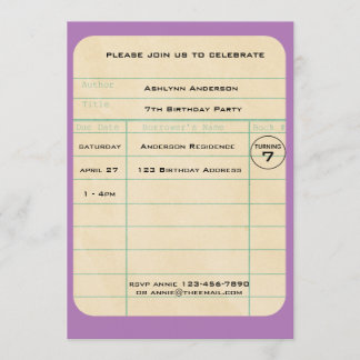 Lila Bibliothekskarte Geburtstag Einladung