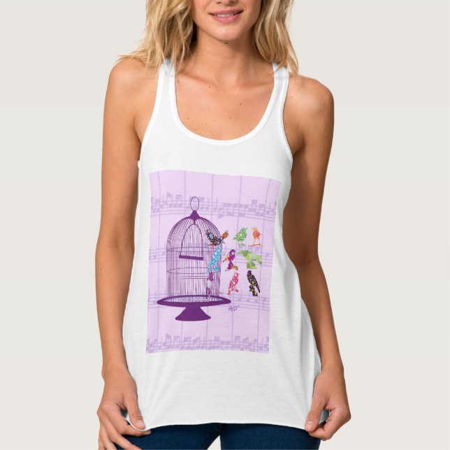 Lila Birdcage- und Vogelzettel Tank Top (Vorderseite)