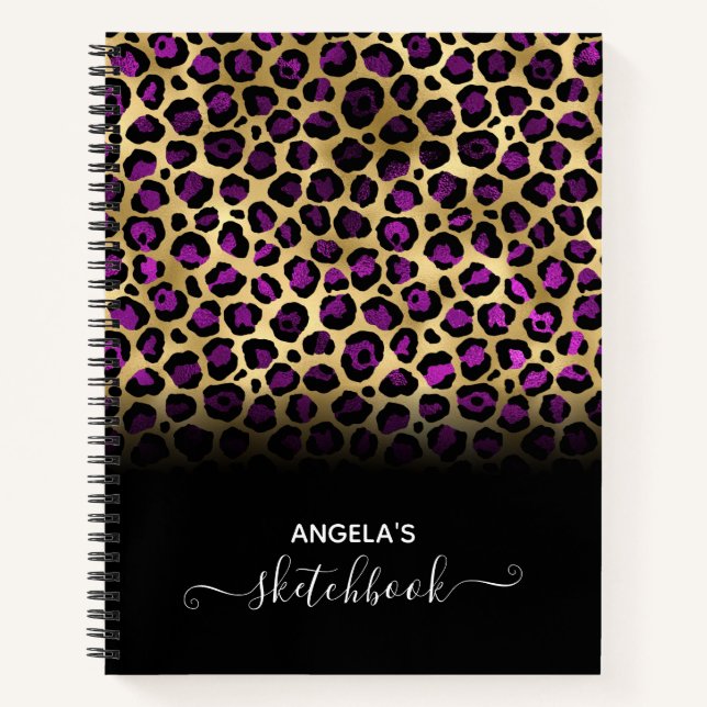 Lila Black and Gold Glam Leopard Ombre Sketch Notizbuch (Vorderseite)