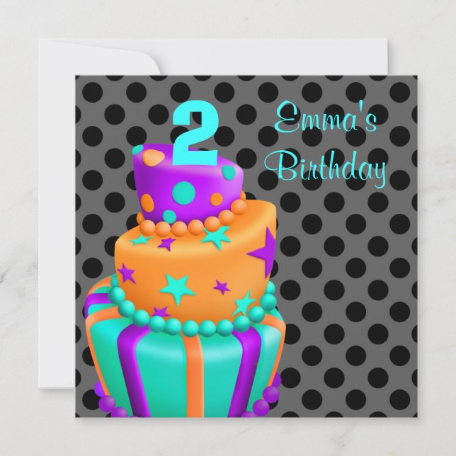 Lila Black Cake präsentiert Girls 2. Geburtstag Einladung (Vorderseite)