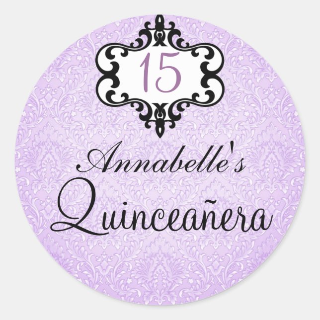 Lila & Black Chic Damask Quinceañera Sticker (Vorderseite)