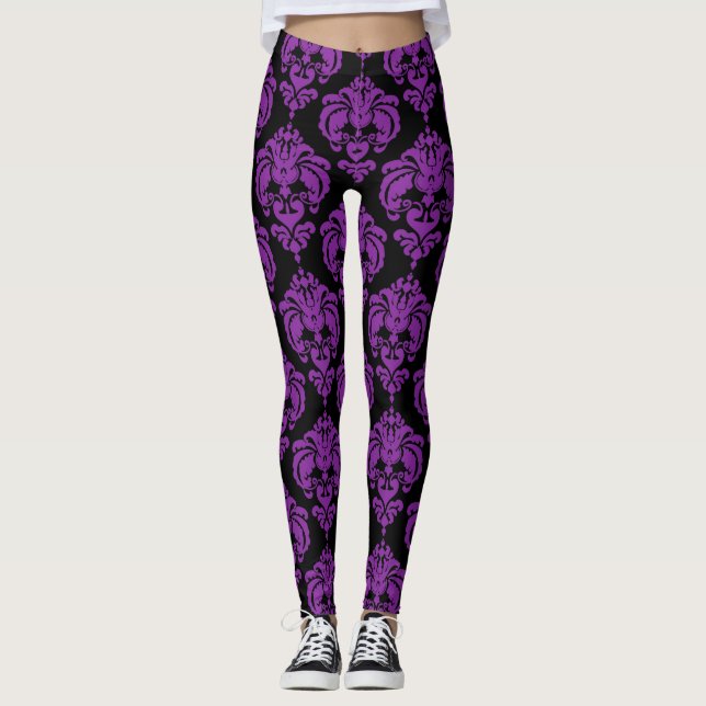 Lila Black Damask Chic Modernes, elegantes Muster Leggings (Vorderseite)