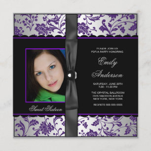 Lila Black Damask Foto Sweet 16 Party Einladung