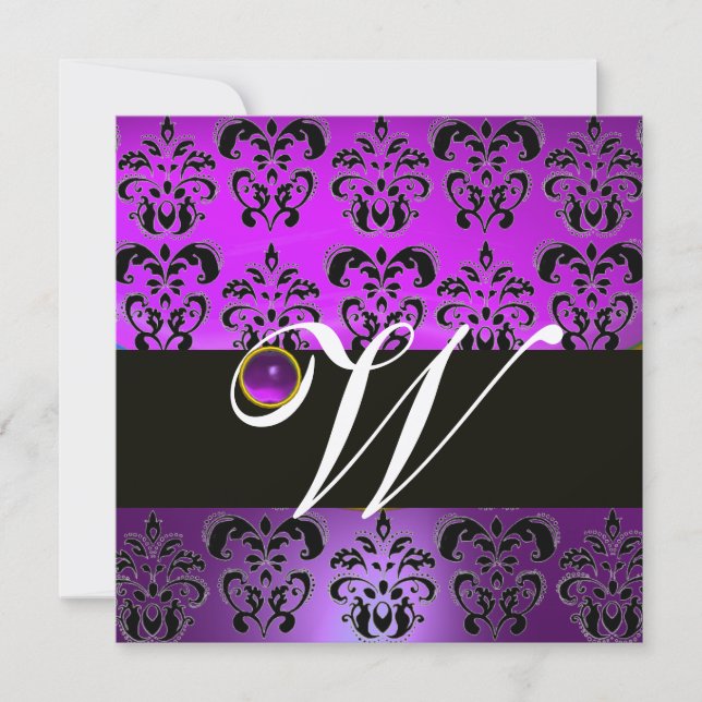 LILA BLACK DAMASK MONOGRAM AMETHYST SILVER METAL EINLADUNG (Vorderseite)