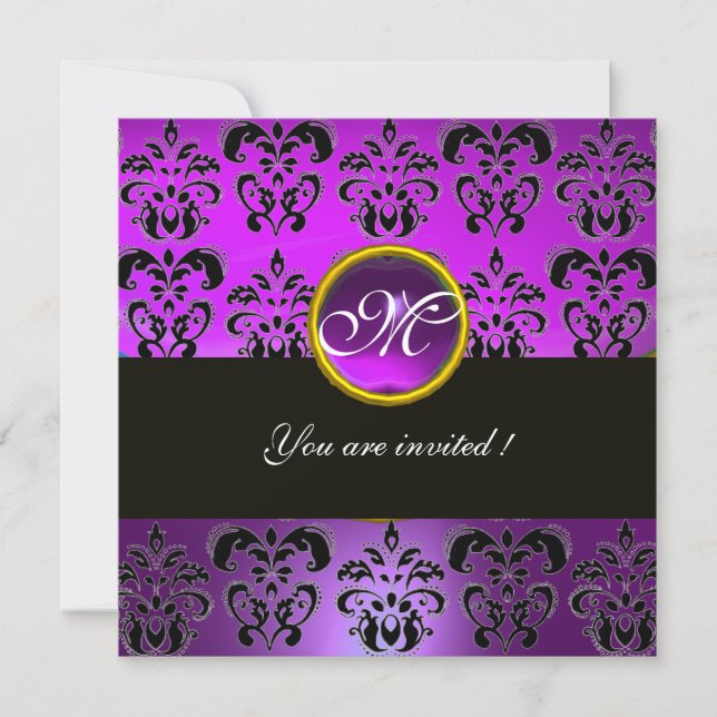 LILA BLACK DAMASK MONOGRAM, Amethyste Einladung (Vorderseite)
