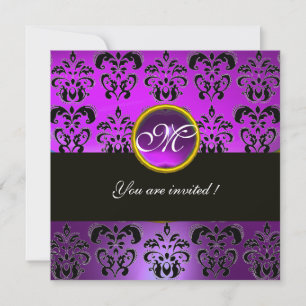 LILA BLACK DAMASK MONOGRAM, Amethyste Einladung