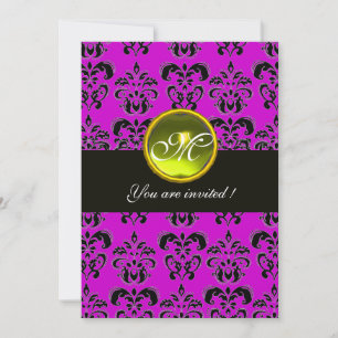 LILA BLACK DAMASK MONOGRAM, gelber Topaz Einladung