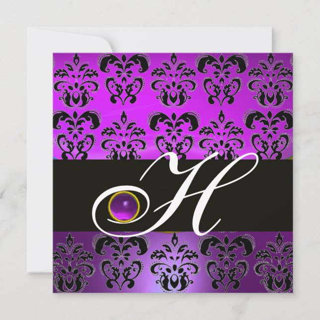 LILA BLACK DAMASK MONOGRAMM AMETHYST EINLADUNG (Vorderseite)