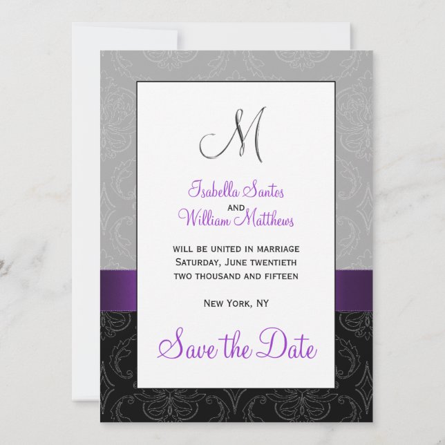 Lila Black Damask Silver Initial Save the Date (Rückseite)