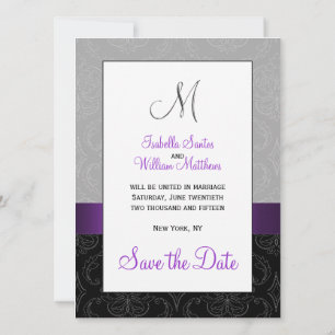Lila Black Damask Silver Initial Save the Date