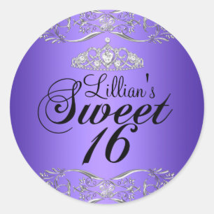 Lila Black Damask & Tiara Sweet 16 Sticker