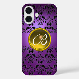 LILA BLACK DAMASK YELLOW GEMSTONE MONOGRAMM iPhone 16 HÜLLE