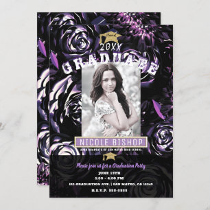 Lila Black Floral Glam Foto Graduation Party Einladung