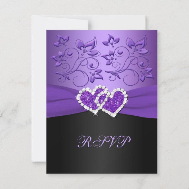 Lila Black Floral Josed Hearts RSVP Card (Vorderseite)