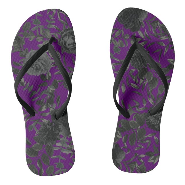 Lila Black Floral Wedding Gothic Flip Flops (Fußbett)
