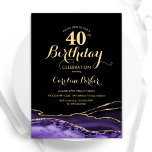 Lila Black Gold Agate 40. Geburtstag Einladung<br><div class="desc">Lila,  schwarz und goldgelb haben 40. Geburtstag Party Einladung. Elegantes modernes Design mit Aquarellfarben-marmorgeode Hintergrund,  Imitats Glitzer Gold und Typografie Skript-Schriftart. Die trendige Einladungskarte eignet sich perfekt für eine stilvolle Damenfeier. Gedruckte Zazzle-Einladungen oder Sofortdownload digitaler Druckvorlage.</div>