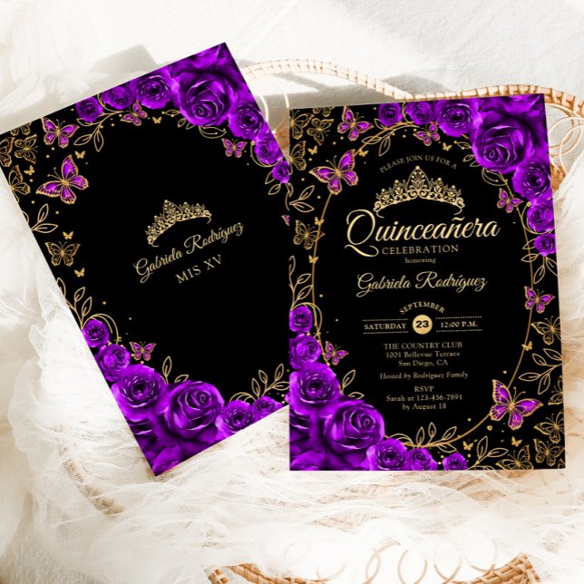 Lila Black Gold Quinceanera Einladung (Von Creator hochgeladen)