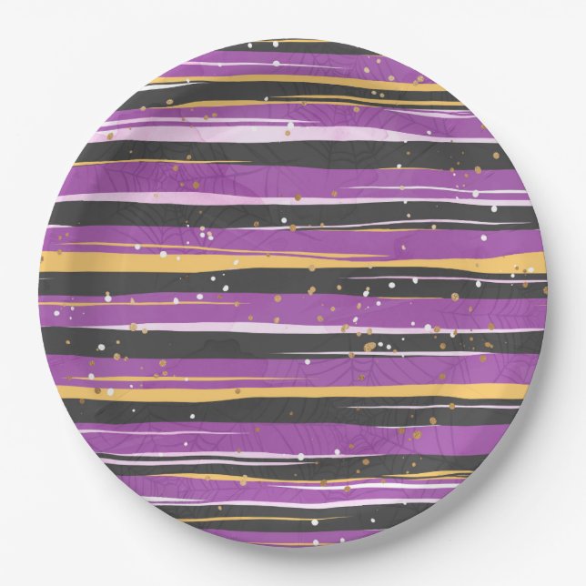 LILA BLACK ORANGE HALLOWEEN STREIFEN PAPPTELLER (Vorderseite)