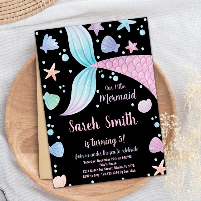 Lila Black Pink Mermaid Schwanz Geburtstag Einladu Einladung (Purple Black Pink Mermaid Tail Birthday Invitation)