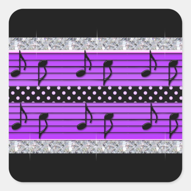 Lila- & Black Polka Dot Diamonds & Musical Notes Quadratischer Aufkleber (Vorderseite)