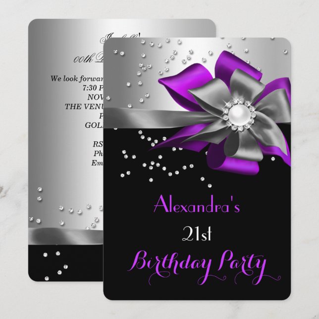 Lila Black Silver Bow Pearl Birthday Party Einladung (Vorne/Hinten)