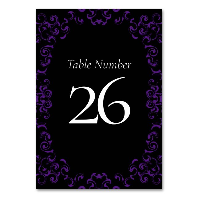 Lila Black Swirl Gothic Wedding Tischnummer (Rückseite)