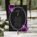 Lila Bläschen-Silber-Geometrie Tischnummer<br><div class="desc">Diese moderne Hochzeitskarte besticht durch einen silbernen geometrischen Rahmen,  der mit Pflaume und silberfarbenen Blumenbouquets auf schwarzem Hintergrund dekoriert ist. Der anpassbare Text kombiniert silbergraue,  weißliche Handschrift,  Kupferplatte und kursiven Schriftart. Die Rückseite ist schwarz.</div>