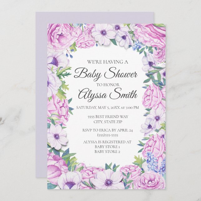 Lila Bläserblütendusche Lilac Einladung (Vorne/Hinten)