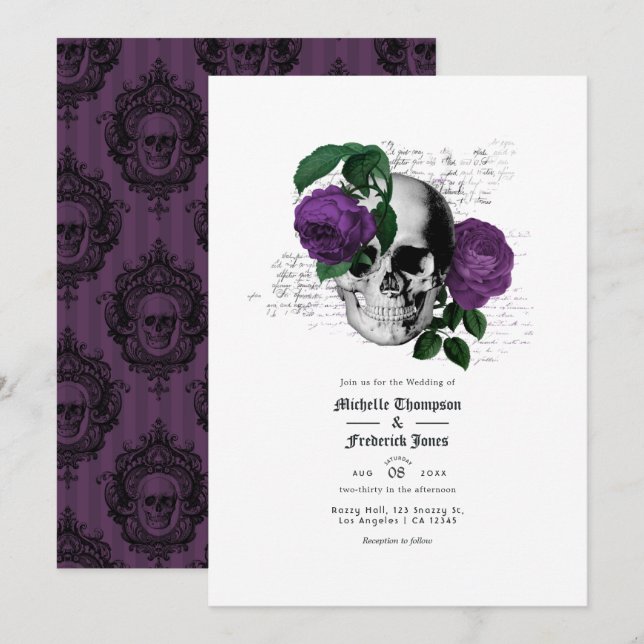 Lila Bläserskull-Gothic-Hochzeit Einladung (Vorne/Hinten)