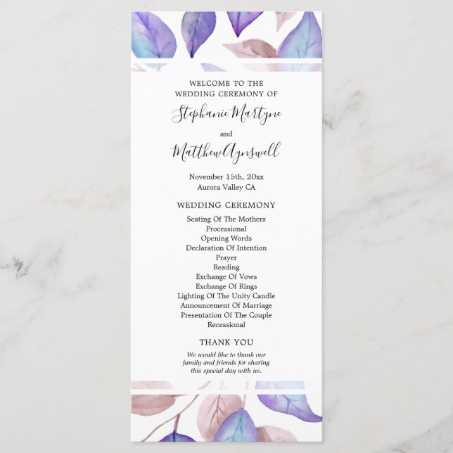 Lila Blätter Foliage Hochzeit Programm (Vorderseite)
