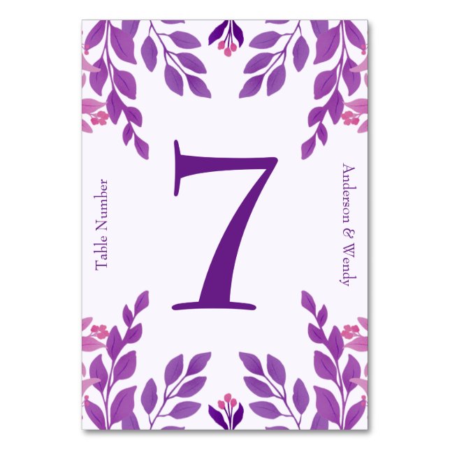 Lila Blätter Hochzeitthema Tischnummer (Vorderseite)