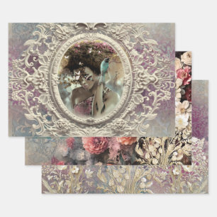 Lila & blau Afro Frau Portrait Floral Bouquet Geschenkpapier Set
