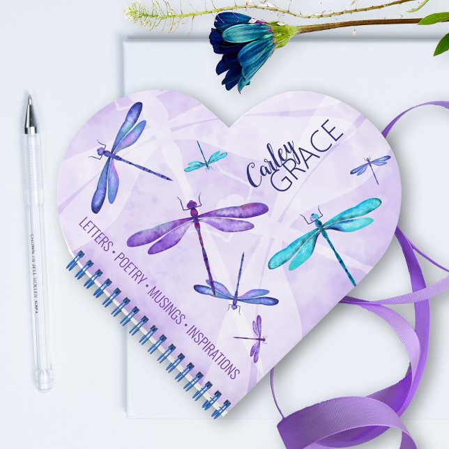Lila, blau, Aqua Dragonflies Custom Journal Notizbuch (cute, personalized purple, turquoise dragonfly journal, Valentine's day heart-shaped book for girl)
