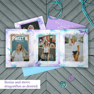 Lila, blau, Aqua Dragonfly Sweet 16 Foto Spread Dreifach Gefaltete Einladung
