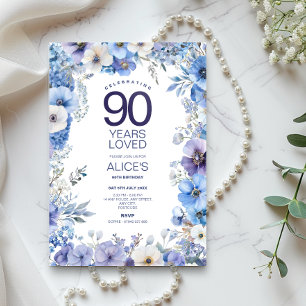 Lila & blau florale 90. Geburtstag, Meilenstein Einladung