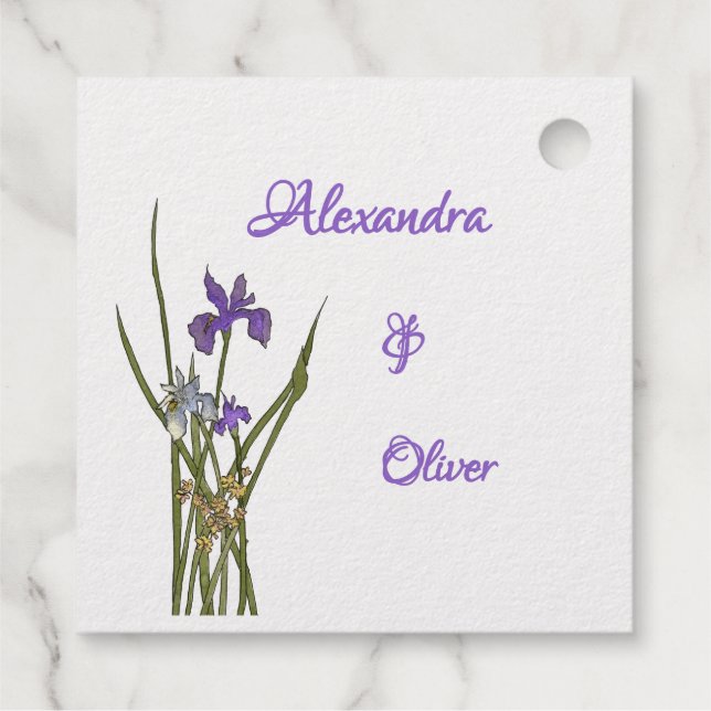 Lila & blau Iris Wasserfarbenhochzeit Geschenkanhänger (Rückseite)