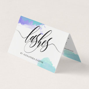 Lila & blau Kalligrafie Lash Artist Aftercare Visitenkarten