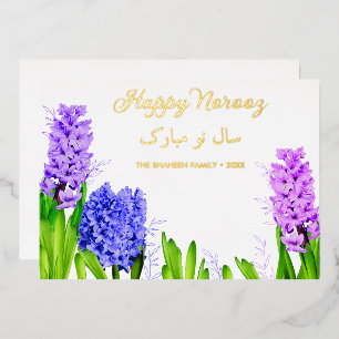 Lila Blau Rosa Hyazinthen Glückliches Norooz Blume Folien Feiertagskarte